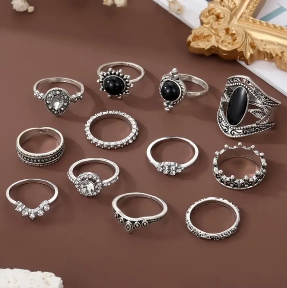 Set of 12 silver midi stack rings knuckle rings black onyx and rhinestones NWT - Picture 1 of 9